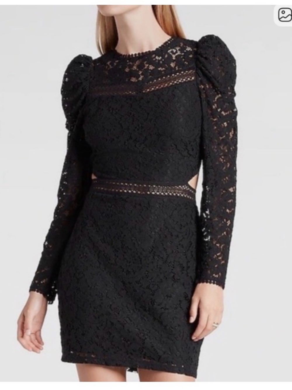 Express Black Lace Long-Sleeve Puff Dress with Waist Cutouts - Picture 2 of 12